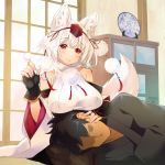  1boy 1girl animal_ears bare_shoulders black_hair breasts faceless faceless_male fingerless_gloves gloves hat inubashiri_momiji japanese_clothes lap_pillow large_breasts long_sleeves plate pom_pom_(clothes) red_eyes short_hair smile tail tokin_hat touhou transpot_nonoko white_hair wolf_ears wolf_girl wolf_tail 