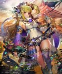  1girl armor armpits asymmetrical_legwear bangs bare_shoulders bird blush branch breasts clenched_hand clouds cloudy_sky crown detached_sleeves feathers fingernails flower green_hair hair_feathers hair_ornament holding holding_sword holding_weapon impossible_clothes katana large_breasts liduke long_hair looking_at_viewer official_art outdoors parted_lips sengoku_saga short_shorts shorts single_thighhigh sky solo standing sunset sword thigh-highs violet_eyes walking watermark weapon 