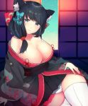  1girl animal_ears azur_lane black_hair blue_eyes breasts butterfly_hair_ornament cat_ears cleavage curvy eyebrows_visible_through_hair fusou_(azur_lane) hair_ornament highres japanese_clothes large_breasts long_hair looking_at_viewer panties sikineclip sliding_doors smile solo thigh-highs underwear white_legwear white_panties wide_hips 