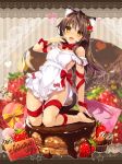  1girl animal_ears apron bangs bare_shoulders barefoot blurry blurry_background box brown_hair cat_ears chocolate cupcake eyebrows_visible_through_hair food fruit full_body gift gift_box hand_up heart heart-shaped_box highres kneehighs long_hair looking_at_viewer naked_apron original red_ribbon revision ribbon smile solo strawberry valentine yanagi_yuu yellow_eyes 