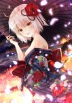  1girl ahoge bare_shoulders blonde_hair cherry_blossoms fate/grand_order fate_(series) floral_print flower hair_flower hair_ornament highres iroha_(shiki) japanese_clothes jeanne_d&#039;arc_(alter)_(fate) jeanne_d&#039;arc_(fate)_(all) kimono looking_at_viewer open_mouth oriental_umbrella petals short_hair solo umbrella yellow_eyes 
