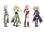  4girls animal_ears blonde_hair blue_hair brown_hair garters leafa lisbeth multiple_girls pink_hair pointy_ears shinon_(sao) silica simple_background sword_art_online tail thigh-highs 