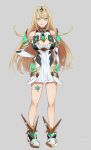  1girl armor artist_request blonde_hair breasts cleavage dress full_body gloves mythra_(xenoblade) large_breasts long_hair looking_at_viewer solo white_background xenoblade xenoblade_2 yellow_eyes 