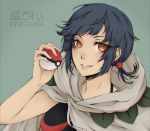  1girl artist_name bare_arms black_hair cloak earrings eyes_visible_through_hair fire-akra hand_up higana_(pokemon) holding holding_poke_ball hood hood_down hooded_cloak jewelry lips looking_at_viewer low_ponytail orange_eyes parted_lips poke_ball pokemon pokemon_(game) pokemon_oras ponytail short_hair short_ponytail sleeveless smile solo upper_body 