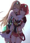  2girls absurdres armor artist_request blonde_hair blush breasts cleavage dress fingerless_gloves gloves highres mythra_(xenoblade) pyra_(xenoblade) hug large_breasts long_hair multiple_girls redhead short_hair sidelocks smile white_background xenoblade xenoblade_2 yellow_eyes 