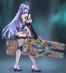  1girl android ass bare_shoulders breasts elbow_gloves expressionless forehead_protector gloves gun huge_weapon kos-mos large_breasts leotard long_hair looking_at_viewer negresco solo standing thigh-highs very_long_hair weapon xenoblade_2 