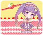 1girl artist_name bangs blunt_bangs blush center_frills chibi closed_mouth commentary_request crescent crescent_hair_ornament eyebrows_visible_through_hair food frilled_hairband frills fruit hair_ornament hairband head_tilt kneeling long_hair looking_at_viewer marshmallow_mille no_shoes patchouli_knowledge pink_shirt pleated_skirt puffy_short_sleeves puffy_sleeves purple_hair purple_hairband purple_skirt shirt short_sleeves sidelocks skirt solo strawberry striped striped_legwear thigh-highs touhou twintails very_long_hair violet_eyes whipped_cream 