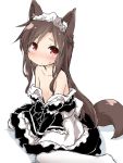  1girl alternate_costume animal_ears apron black_dress brown_hair commentary_request dress enmaided imaizumi_kagerou long_hair looking_at_viewer maid maid_headdress natsu_no_koucha red_eyes simple_background sitting solo tail touhou white_background wolf_ears wolf_tail 