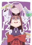  3girls bound bright_pupils brown_hair collared_shirt commentary_request eyebrows_visible_through_hair freckles glasses grey_shirt grin hair_over_one_eye hairband hand_to_own_mouth highres kagari_atsuko little_witch_academia long_hair long_sleeves multiple_girls neck_ribbon nervous_smile pac-man_eyes purple_hair purple_neckwear purple_ribbon purple_vest red_eyes restrained ribbon round_teeth sharp_teeth shirt sitting smile sucy_manbavaran sweatdrop tama teeth tied_up vest vial wing_collar worried 