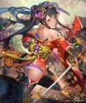  1girl 2boys back bangs bare_shoulders black_hair boots closed_mouth floral_print from_behind hair_ornament high_heel_boots high_heels holding holding_sword holding_weapon japanese_clothes katana kimono liduke looking_at_viewer looking_back multiple_boys obi off_shoulder official_art outdoors pink_eyes red_kimono sash sengoku_saga short_kimono smile solo_focus standing standing_on_one_leg sword thigh-highs thigh_boots twintails watermark weapon 