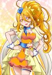  1girl blue_hat capelet colored_eyelashes cowboy_shot cure_etoile dress earrings garrison_cap hair_ornament hands_on_hips hanzou hat highres hugtto!_precure jewelry kagayaki_homare long_hair looking_at_viewer magical_girl orange_dress orange_eyes orange_hair parted_lips precure smile solo sparkle star star_earrings star_hair_ornament wrist_cuffs yellow_background 