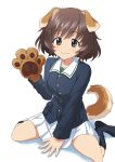  1girl akiyama_yukari animal_ears arm_support bangs black_legwear blue_jacket boots brown_eyes brown_hair closed_mouth dog_ears dog_tail eyebrows_visible_through_hair full_body girls_und_panzer gloves green_shirt highres jacket kemonomimi_mode kuro_oolong long_sleeves looking_at_viewer messy_hair military military_uniform miniskirt no_shoes ooarai_military_uniform paw_gloves paws pleated_skirt shirt short_hair simple_background sitting skirt smile socks solo tail uniform wariza waving white_background white_skirt 