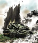  explosion grass ground_vehicle military military_vehicle motor_vehicle no_humans original sao_satoru sky smoke t-72 tank tank_focus 
