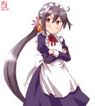  1girl akebono_(kantai_collection) alternate_costume apron bell blue_dress cowboy_shot crossed_arms dated dress enmaided flower frilled_apron frills hair_bell hair_flower hair_ornament highres jingle_bell kanon_(kurogane_knights) kantai_collection logo long_hair looking_at_viewer maid maid_headdress pout purple_hair side_ponytail simple_background solo very_long_hair violet_eyes white_apron white_background 