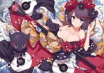  1girl animal bangs bare_shoulders black_hair black_kimono blue_eyes breasts calligraphy_brush checkered cleavage closed_mouth collarbone eyebrows_visible_through_hair fate/grand_order fate_(series) flower hair_between_eyes hair_flower hair_ornament highres holding holding_paintbrush japanese_clothes katsushika_hokusai_(fate/grand_order) kimono kinona large_breasts obi octopus off_shoulder oversized_object paintbrush sash short_hair v-shaped_eyebrows water waves wide_sleeves 