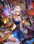  1girl blue_kimono branch breasts butterfly cleavage cup emperors_saga fingernails flower hair_between_eyes hair_flower hair_ornament hands_up highres holding japanese_clothes kimono lantern large_breasts liduke long_hair looking_at_viewer obi off_shoulder official_art oriental_umbrella pipe purple_flower red_eyes ribbon rose sakazuki sash silver_hair sitting smoke solo spider_lily tied_hair umbrella watermark yellow_flower yellow_ribbon yellow_rose 