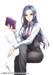  1girl book copyright_name green_eyes grey_pants grey_vest holding holding_book interitio invisible_chair legs_crossed looking_at_viewer official_art pants purple_hair sid_story sitting vest 