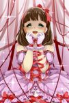  1girl artist_request bare_shoulders blush bow brown_hair dress earrings gloves green_eyes hairband heart heart_earrings idolmaster idolmaster_cinderella_girls jewelry looking_at_viewer open_mouth puffy_short_sleeves puffy_sleeves red_ribbon ribbon sakuma_mayu short_hair short_sleeves smile solo white_gloves 
