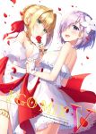  2girls :d ahoge backless_outfit bangs bare_shoulders blonde_hair blurry blush bow braid cover cover_page depth_of_field doujin_cover dress dutch_angle fate/grand_order fate_(series) flower french_braid green_eyes hair_bow hair_flower hair_ornament hair_over_one_eye hair_ribbon hand_holding hands_together interlocked_fingers mash_kyrielight masuishi_kinoto multiple_girls nero_claudius_(fate) nero_claudius_(fate)_(all) open-back_dress open_mouth petals purple_hair red_bow red_ribbon ribbon rose_petals sidelocks smile thighlet violet_eyes white_background white_dress white_flower 