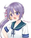  1girl akebono_(kantai_collection) bell blue_sailor_collar flower hair_bell hair_flower hair_ornament hoshino_kagari jingle_bell kantai_collection long_hair open_mouth purple_hair sailor_collar school_uniform serafuku short_sleeves side_ponytail simple_background solo twitter_username upper_body very_long_hair violet_eyes white_background 