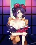  1girl aikoo artist_name bare_shoulders black_hair blue_eyes breasts closed_mouth fate/grand_order fate_(series) flower hair_flower hair_ornament highres japanese_clothes katsushika_hokusai_(fate/grand_order) kimono looking_at_viewer medium_breasts obi sash short_hair sketch solo 