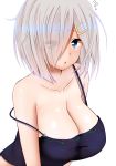  1girl :o arms_at_sides bangs bare_shoulders blue_eyes blush breasts camisole cleavage collarbone commentary_request eyebrows_visible_through_hair eyelashes eyes_visible_through_hair hair_between_eyes hair_ornament hair_over_one_eye hairclip hamakaze_(kantai_collection) hifumi_kei highres kantai_collection large_breasts looking_at_viewer open_mouth shiny shiny_skin short_hair silver_hair simple_background solo spaghetti_strap strap_slip upper_body white_background 