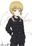  1girl artist_name bangs black_coat black_pants blonde_hair bukkuri casual character_name closed_mouth cowboy_shot cursive cutlass_(girls_und_panzer) dated eyebrows_visible_through_hair girls_und_panzer hand_in_pocket light_frown long_sleeves looking_at_viewer pants short_hair signature simple_background sketch solo white_background yellow_eyes 