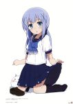  1girl absurdres black_legwear blue_bow blue_eyes blue_hair blue_neckwear blue_skirt blush bow bowtie brown_footwear collarbone eyebrows_visible_through_hair full_body gochuumon_wa_usagi_desu_ka? hair_ribbon highres kafuu_chino kneeling long_hair looking_at_viewer miniskirt ogipote open_mouth page_number pleated_skirt ribbon school_uniform shirt shoes_removed short_sleeves simple_background skirt skirt_hold solo tippy_(gochiusa) twintails white_background white_shirt 
