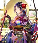  1girl alternate_costume bangs bow_(weapon) breasts fate/grand_order fate_(series) fingerless_gloves gloves hair_ornament highres japanese_clothes kimono large_breasts long_hair minamoto_no_raikou_(fate/grand_order) murakami_yuichi obi parted_bangs purple_hair purple_kimono sash solo upper_body very_long_hair violet_eyes weapon 