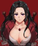  1girl black_hair breasts capelet cattleya_baudelaire collarbone earrings envelope highres jewelry large_breasts long_hair looking_at_viewer necklace open_clothes open_shirt pink_lips sendrawz shirt smile solo upper_body violet_evergarden violet_eyes 