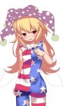  1girl american_flag_dress american_flag_legwear bangs blonde_hair blush clownpiece cowboy_shot dress fairy_wings fang hagure_kedama hat jester_cap long_hair looking_at_viewer neck_ruff pantyhose parted_lips polka_dot purple_hat red_eyes short_dress simple_background sleeveless sleeveless_dress smile solo star star_print striped touhou white_background wings 