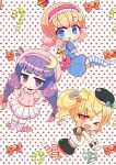  &gt;_o 3girls :o ;d alice_margatroid bangs beret black_hat black_shorts blonde_hair blouse blue_dress blue_eyes blunt_bangs blush bow braid candy candy_cane chibi commentary_request crescent dress eyebrows_visible_through_hair fang food frilled_hairband hair_between_eyes hair_ornament hairband hat heart kirisame_marisa kneeling long_hair low_twintails marshmallow_mille mini_hat multiple_girls no_shoes one_eye_closed open_mouth orange_bow parted_lips patchouli_knowledge pink_blouse pink_bow pink_hairband pink_hat pleated_skirt polka_dot polka_dot_background puffy_short_sleeves puffy_shorts puffy_sleeves purple_hair sailor_dress school_uniform serafuku shirt short_sleeves shorts side_braid side_ponytail skirt sleeveless sleeveless_shirt smile star star_hair_ornament striped striped_legwear thigh-highs touhou twin_braids twintails v v-shaped_eyebrows very_long_hair violet_eyes white_background white_shirt white_skirt wrist_cuffs 