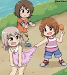  3girls :d :o bangs blue_footwear blue_shorts brown_hair brown_pants collared_dress commentary cross-laced_footwear day denim denim_shorts dress dress_lift dress_tug eyebrows_visible_through_hair food frilled_dress frills frown girls_und_panzer holding holding_food itsumi_erika lifted_by_another long_hair looking_at_another looking_back maru_takeo multiple_girls neck_ribbon nishizumi_maho nishizumi_miho open_mouth orange_shirt outdoors pants pink_dress pink_shirt popsicle red_footwear red_neckwear ribbon shirt short_dress short_hair short_sleeves shorts silver_hair sleeveless sleeveless_dress smile standing sweatdrop tank_top tearing_up twitter_username v-shaped_eyebrows wavy_mouth younger 