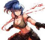 1girl attack bangs bare_shoulders belt black_gloves blood blue_eyes blue_hair breasts cleavage closed_mouth commentary_request cowboy_shot dog_tags eyebrows_visible_through_hair frown gloves highres large_breasts legs_apart leona_heidern lolicept looking_at_viewer metal_slug midriff pants ponytail snk solo tank_top the_king_of_fighters whistle 