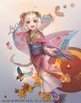  1girl :d ahoge blonde_hair braid butterfly emperors_saga floral_print full_body grey_background hair_ornament hairband highres japanese_clothes kimono leaf liduke long_hair long_sleeves maple_leaf obi official_art open_mouth oriental_umbrella outstretched_arms pink_kimono platform_clogs platform_footwear purple_legwear red_eyes sandals sash single_braid smile solo spread_arms standing tabi umbrella very_long_hair watermark wide_sleeves 