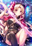  1girl asymmetrical_legwear bangs black_legwear blonde_hair cape cowboy_shot earrings ereshkigal_(fate/grand_order) eyebrows_visible_through_hair fate/grand_order fate_(series) fukase_ayaka hair_ribbon holding holding_weapon jewelry long_hair looking_at_viewer multicolored multicolored_cape multicolored_clothes necklace parted_bangs red_cape red_eyes red_ribbon ribbon single_thighhigh skull solo thigh-highs thighs two_side_up weapon yellow_cape 