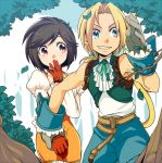  1boy 1girl black_hair blue_eyes breasts commentary_request final_fantasy final_fantasy_ix garnet_til_alexandros_xvii gloves hand_holding long_hair looking_at_viewer shirou_(vista) short_hair smile tail zidane_tribal 