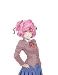  1girl blue_skirt doki_doki_literature_club eyebrows_visible_through_hair frown hair_ornament hair_ribbon hairclip hands_on_hips jacket looking_at_viewer natsuki_(doki_doki_literature_club) neck_ribbon open_mouth petite-emi pink_eyes pink_hair pleated_skirt ribbon school_uniform shirt short_hair simple_background skirt solo two_side_up white_background white_shirt 