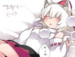  1girl ^_^ animal_ears bare_shoulders blush closed_eyes detached_sleeves hammer_(sunset_beach) hat inubashiri_momiji lying on_back open_mouth pom_pom_(clothes) short_hair skirt sleeping solo tokin_hat touhou translation_request white_hair wide_sleeves wolf_ears 