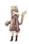  1girl animal_ears blush brown_coat brown_hair cat_ears cat_tail coat full_body fur_trim green_eyes highres long_sleeves looking_at_viewer open_mouth oversized_clothes piyopiyomaru8823 shoes socks solo standing tail zipper 