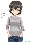  1girl artist_name blue_pants brown_eyes brown_hair bukkuri caesar_(girls_und_panzer) casual character_name closed_mouth cowboy_shot cursive dated denim girls_und_panzer grey_sweater hands_in_pockets jeans long_sleeves looking_at_viewer pants short_hair signature simple_background sketch sleeves_rolled_up smile solo standing white_background 