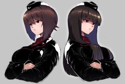  2girls back-to-back bangs black_hat black_jacket blunt_bangs breasts brown_eyes brown_hair closed_mouth commentary_request crossed_arms dress_shirt garrison_cap girls_und_panzer grey_background hair_over_shoulder hat jacket kuromorimine_military_uniform large_breasts long_hair long_sleeves medium_breasts military military_hat military_uniform mityubi mother_and_daughter multiple_girls nishizumi_maho nishizumi_shiho red_shirt shirt short_hair simple_background standing uniform upper_body 