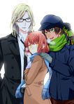  1girl 2boys :d aijima_cecil black-framed_eyewear black_coat black_neckwear blonde_hair blue_coat blue_eyes blue_hat blue_scarf brown_coat brown_eyes brown_hair camus_(uta_no_prince-sama) coat glasses gloves green_eyes green_scarf grey_gloves hand_on_shoulder hand_up hands_in_pockets hat multiple_boys nanami_haruka open_clothes open_coat open_mouth redhead saklo scarf smile uta_no_prince-sama 