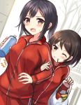  2girls black_hair blush breasts brown_eyes brown_hair commentary_request food highres holding jacket long_sleeves medium_breasts multiple_girls one_eye_closed open_mouth original pocky sakura_ani short_hair smile sweatdrop track_jacket track_suit zipper 
