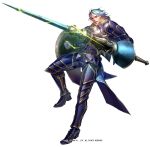  1boy armor blue_hair boots coat full_body glasses glint greaves holding holding_weapon lance liduke looking_at_viewer male_focus monster_hunter official_art pants pauldrons plate polearm red_eyes shield simple_background solo standing standing_on_one_leg watermark weapon white_background 