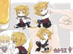  1girl ;( animal_ears bangs beer_mug blonde_hair blunt_bangs bow bowtie cat_ears cat_tail character_name commentary_request cutlass_(girls_und_panzer) fang fang_out fish girls_und_panzer maid_headdress minigirl mirror multiple_views nibbling poking reflection short_hair sketch tail wince yellow_eyes yuuyu_(777) 