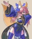  1girl animal_ears bare_shoulders blue_dress blue_legwear blue_ribbon breasts cleavage dab_(dance) detached_sleeves dress fate/extra fate_(series) fox_ears fox_girl fox_tail highres japanese_clothes kimono long_hair long_sleeves pink_hair profitshame ribbon simple_background solo tail tamamo_(fate)_(all) tamamo_no_mae_(fate) thighs twintails yellow_eyes 