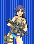  1girl ass_visible_through_thighs bangs bare_arms bikini blue_background blue_bikini blue_hair blue_ribbon blush brown_gloves bulletproof_vest collarbone contrapposto cowboy_shot eyebrows_visible_through_hair frilled_bikini frills gloves gun headset holding holding_gun holding_weapon holster idolmaster kisaragi_chihaya long_hair looking_at_viewer nakamura_3sou parted_bangs red_eyes ribbon side-tie_bikini solo standing straight_hair striped swimsuit thigh_holster thigh_strap vertical-striped_background vertical_stripes weapon weapon_request 