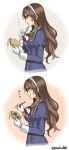  1girl 2koma ashigara_(kantai_collection) brown_eyes brown_hair comic ema from_side gloves hairband highres holding holding_pen kantai_collection long_hair pen remodel_(kantai_collection) solo tongue tongue_out twitter_username uniform upper_body wavy_hair white_gloves white_hairband yamashiki_(orca_buteo) 