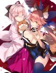 2girls ahoge animal animal_ears blue_legwear bow breasts cherry_blossoms cleavage commentary_request detached_sleeves dog fate/grand_order fate_(series) fox_ears fox_shadow_puppet fox_tail fukuda935 hair_bow hair_ornament hair_ribbon hakama japanese_clothes large_breasts looking_at_viewer meiji_schoolgirl_uniform multiple_girls nontraditional_miko okita_souji_(fate) petals pink_hair pleated_skirt ribbon short_hair skirt tail tamamo_(fate)_(all) tamamo_no_mae_(fate) thigh-highs yellow_eyes 